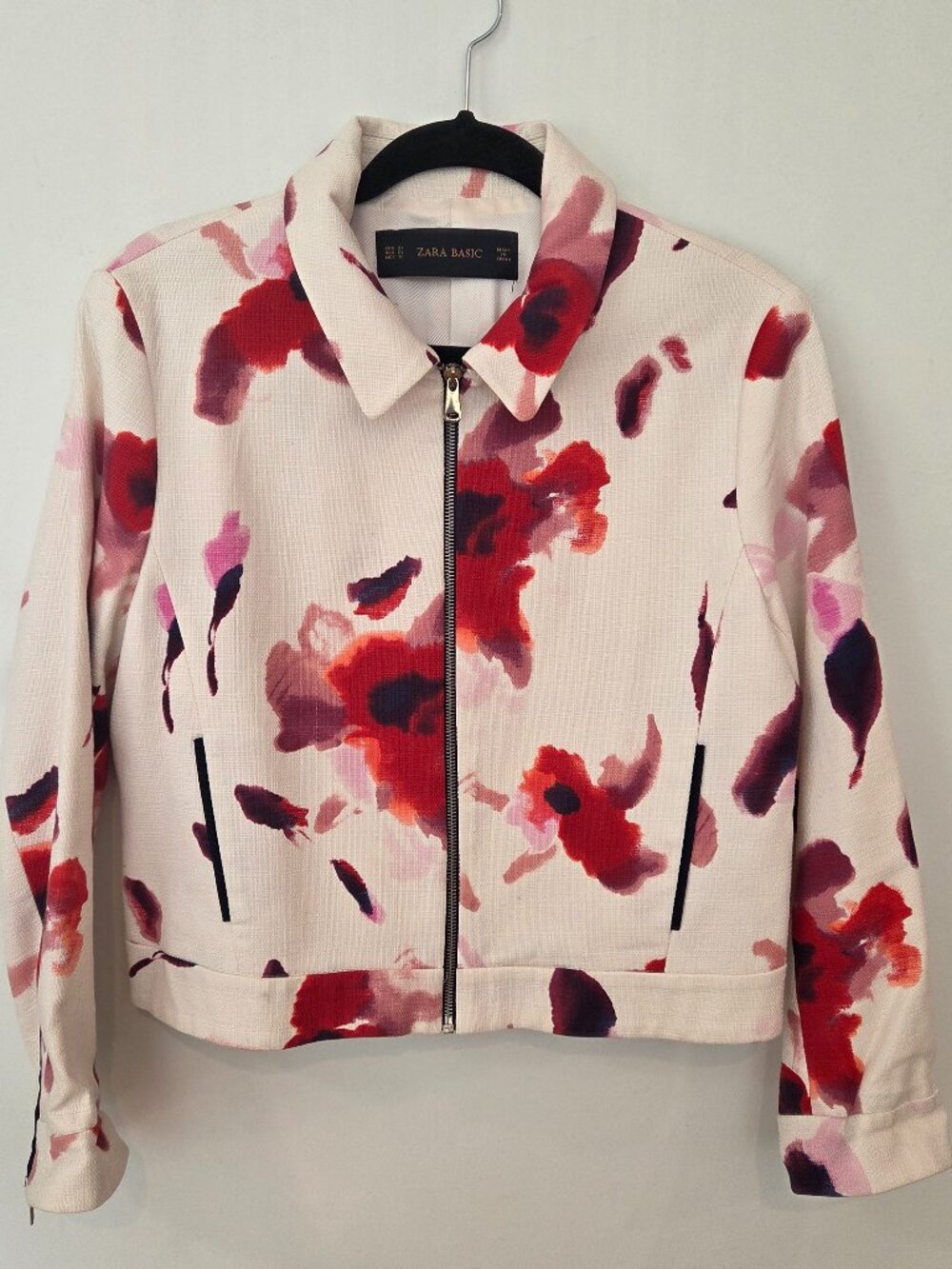 Zara Basic Floral Print Cropped Zip Front Jacket XL